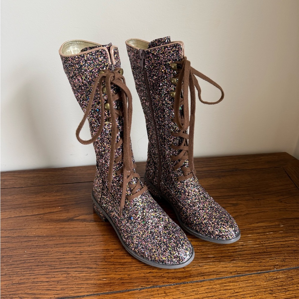 Joyfolie Keiko Tall Boots Confetti Glitter Lace-Up Front Side Zip Size 2Y Girls